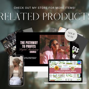 K&ouml;nnte beinhalten: Ein Bild mit einem Laptop, einem Computermonitor und einem Smartphone, die Inhalte zu digitalem Marketing und Etsy anzeigen. Der Text "RELATED PRODUCTS" ist deutlich sichtbar, zusammen mit "CHECK OUT MY STORE FOR MORE ITEMS!"