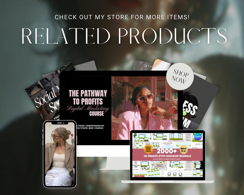 K&ouml;nnte beinhalten: Ein Bild mit einem Laptop, einem Computermonitor und einem Smartphone, die Inhalte zu digitalem Marketing und Etsy anzeigen. Der Text "RELATED PRODUCTS" ist deutlich sichtbar, zusammen mit "CHECK OUT MY STORE FOR MORE ITEMS!"