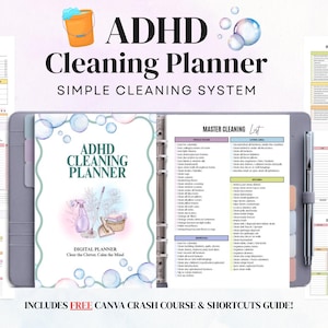 Könnte beinhalten: Ein digitaler ADHD-Reinigungsplaner-Ordner mit einem Deckblatt, das Illustrationen von Reinigungsutensilien zeigt, sowie einer Master-Reinigungsliste. Das Set enthält verschiedene Organisationsblätter, einen silbernen Stift und Blasengrafiken.