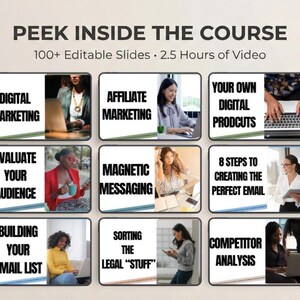 May include: A digital marketing course overview with the text "PEEK INSIDE THE COURSE". The image shows nine sections with titles like "Digital Marketing", "Affiliate Marketing", and "Your Own Digital Products". Each section has a photo and a title.