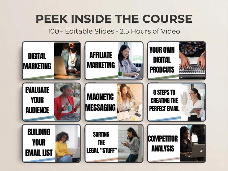 May include: A digital marketing course overview with the text "PEEK INSIDE THE COURSE". The image shows nine sections with titles like "Digital Marketing", "Affiliate Marketing", and "Your Own Digital Products". Each section has a photo and a title.
