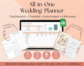 May include: An all-in-one wedding planner with a dashboard, checklist, and automated features. Includes wedding printables, a Canva editable planner, and an invitation. The planner features a wedding budget, timeline, and contact sheets. The design is beginner-friendly and offers +4 bonuses.