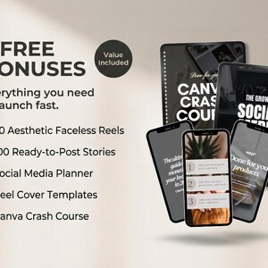 May include: An image with the text "5 FREE BONUSES" and a list of digital marketing resources. The image includes a smartphone and tablet mockups with the text "CANVA CRASH COURSE" and "THE GROWTH SOCIAL MEDIA".