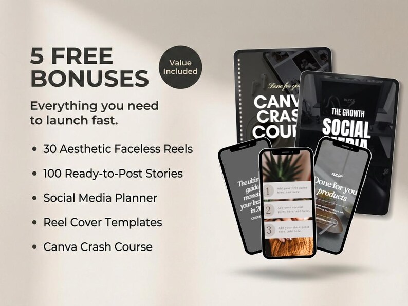 May include: An image with the text "5 FREE BONUSES" and a list of digital marketing resources. The image includes a smartphone and tablet mockups with the text "CANVA CRASH COURSE" and "THE GROWTH SOCIAL MEDIA".