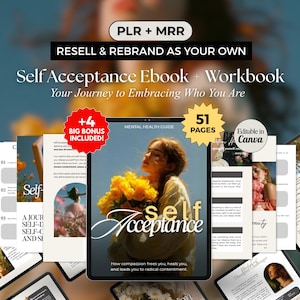Op de afbeelding: Digitaal zelfhulp ebook en werkboek getiteld "Self Acceptance" met de tekst "Resell & Rebrand as Your Own". De cover toont een vrouw met gele bloemen. Bevat 51 pagina's en 4 bonus items. Bewerkbaar in Canva.