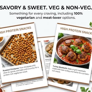 May include: A collection of recipe cards titled High Protein Snacks featuring roasted chickpeas and turkey meatballs in tomato sauce. The text reads Savory & Sweet. Veg & Non-Veg. Something for every craving, including 100% vegetarian and meat-lover options.