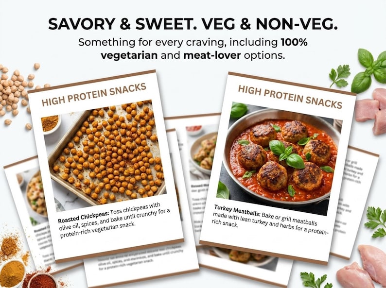 May include: A collection of recipe cards titled High Protein Snacks featuring roasted chickpeas and turkey meatballs in tomato sauce. The text reads Savory & Sweet. Veg & Non-Veg. Something for every craving, including 100% vegetarian and meat-lover options.