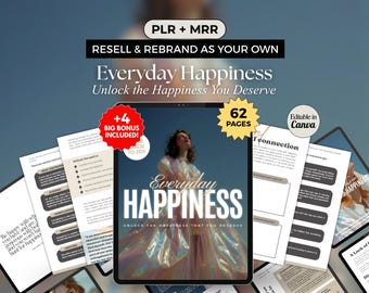 Happiness Ebook Workbook PLR | Self Help MRR Resell Rights | Mindset Gratitude Journal Bundle | Canva Editable Wellness Digital Download