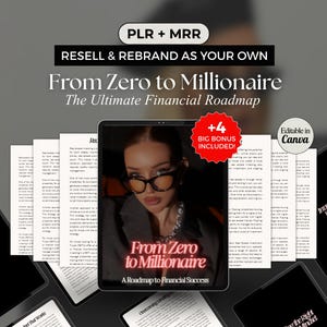 May include: A promotional image for a financial roadmap titled "From Zero to Millionaire." The image features a tablet displaying the book cover, surrounded by other tablets and printed pages. Text includes "Resell & Rebrand as Your Own" and "Editable in Canva."