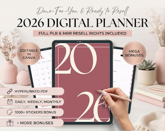2026 Hyperlinked Digital Planner | GoodNotes & Notability iPad Planner, Minimalist Pink PDF, Canva Editable with PLR and MRR