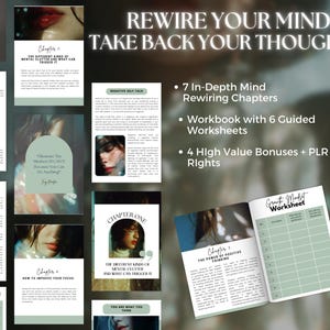 K&ouml;nnte beinhalten: Ein digitales Produkt mit dem Text "REWIRE YOUR MIND TAKE BACK YOUR THOUGHTS". Das Bild enth&auml;lt Seiten mit Text und Bildern, darunter ein Arbeitsbuch und Arbeitsbl&auml;tter. Das Produkt bietet 7 ausf&uuml;hrliche Kapitel zur Neuprogrammierung des Geistes, 6 gef&uuml;hrte Arbeitsbl&auml;tter und 4 hochwertige Boni.