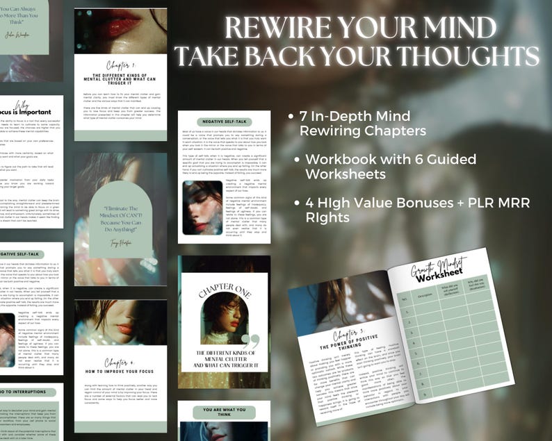 K&ouml;nnte beinhalten: Ein digitales Produkt mit dem Text "REWIRE YOUR MIND TAKE BACK YOUR THOUGHTS". Das Bild enth&auml;lt Seiten mit Text und Bildern, darunter ein Arbeitsbuch und Arbeitsbl&auml;tter. Das Produkt bietet 7 ausf&uuml;hrliche Kapitel zur Neuprogrammierung des Geistes, 6 gef&uuml;hrte Arbeitsbl&auml;tter und 4 hochwertige Boni.