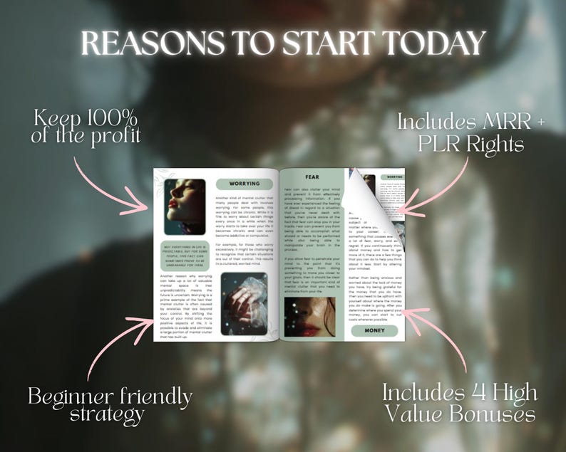 K&ouml;nnte beinhalten: Ein offenes Buch mit dem Titel "REASONS TO START TODAY" und dem Text "Keep 100% of the profit", "Includes MRR + PLR Rights", "Beginner friendly strategy" und "Includes 4 High Value Bonuses". Das Buch enth&auml;lt Bilder und Text.