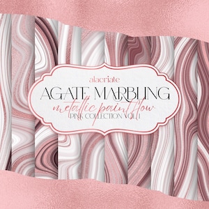 May include: A selection of pink and white agate marbling patterns with metallic highlights. The design showcases swirling, organic forms in shades of pink and white, with a decorative label that reads "Agate Marbling, Metallic Paint Flow, Pink Collection Vol. 1."