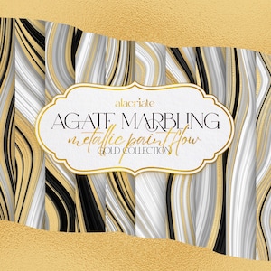 May include: Abstract digital art featuring a gold, black, and white agate marbling design. The image includes the text "AGATE MARBLING metallic paint flow GOLD COLLECTION" in a decorative frame, with a gold textured border.