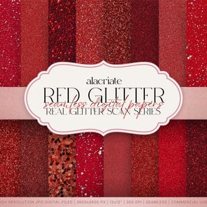 May include: A collection of red glitter seamless digital papers. The image features various shades of red with different glitter effects. The text on the image reads "RED GLITTER seamless digital papers REAL GLITTER SCAN SERIES".