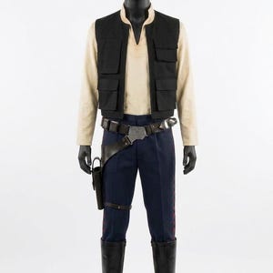 May include: A costume consisting of a black vest with multiple pockets, a cream-colored shirt, navy blue pants with red stripes, a belt with a holster, and black boots. The outfit is displayed on a mannequin.