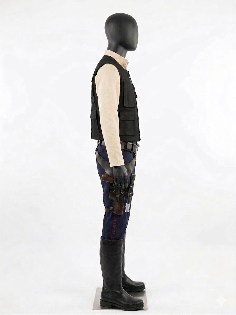 May include: A costume on a mannequin, featuring a black vest with multiple pockets, a light tan shirt, dark blue pants with a red stripe, a holster with a gun, and black boots. The outfit is displayed on a black mannequin.