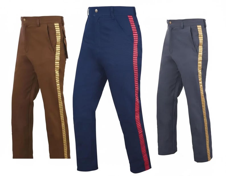 May include: Three pairs of trousers in brown, navy blue, and grey. Each pair features a vertical accent stripe down the side. The brown and grey trousers have a gold-coloured stripe, while the navy blue trousers have a red stripe.