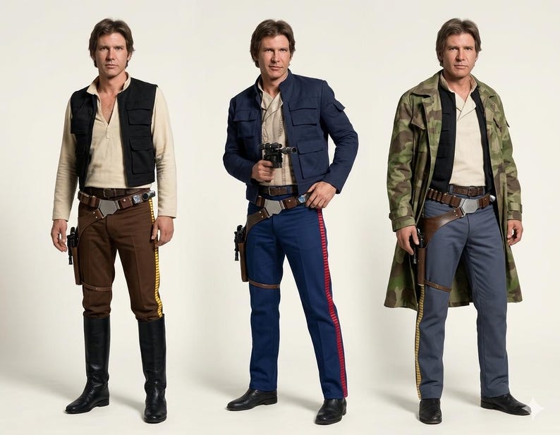 May include: Three costumes inspired by a science fiction character. The first features a black vest, brown trousers, and black boots. The second outfit includes a blue jacket and trousers with a red stripe. The third outfit has a camouflage coat and grey trousers.