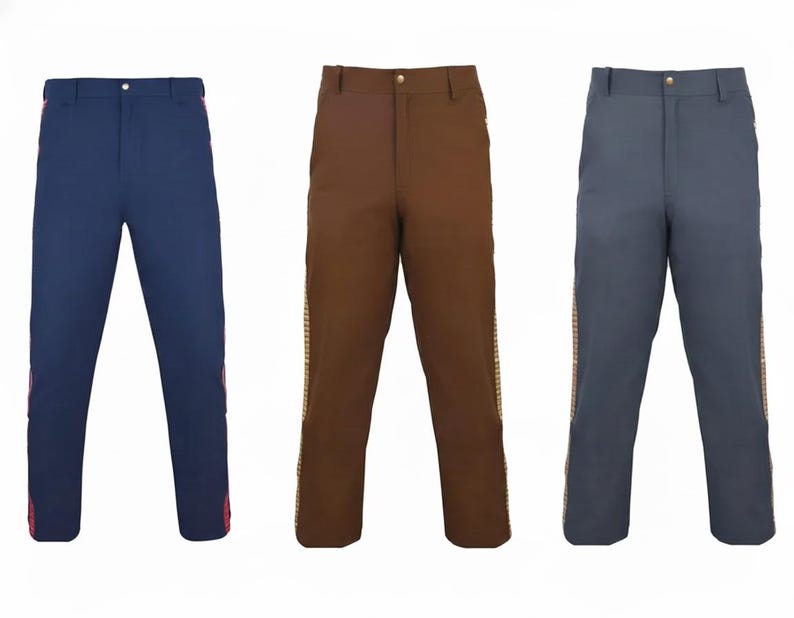 May include: Three pairs of trousers in navy blue, brown, and grey. Each pair has a straight leg and a decorative stripe down the side. The navy pair has a pink stripe, while the brown and grey pairs have a gold stripe.