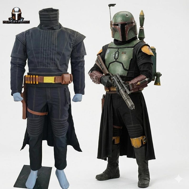 May include: Two detailed costumes, one resembling a Mandalorian warrior and the other a character from the Star Wars universe. The Mandalorian-style outfit is dark blue with a yellow belt. The other costume features a green helmet and armour, with a black outfit and a blaster.