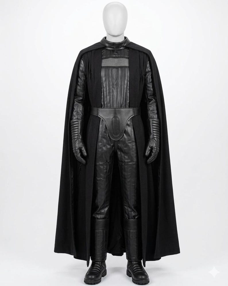 Op de afbeelding: Een zwart kostuum bestaande uit een lange cape, een textuurrijke jumpsuit met verticale stiksels, een brede riem met een ovaal detail in het midden, bijpassende handschoenen en hoge laarzen. De set bevat een borststuk met een hoge kraag.