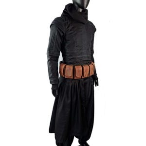 May include: A black hooded long-sleeved tunic with structured shoulder detailing and visible stitching, paired with loose-fitting black trousers. A tan leather utility belt featuring multiple rectangular pouches is worn around the waist.