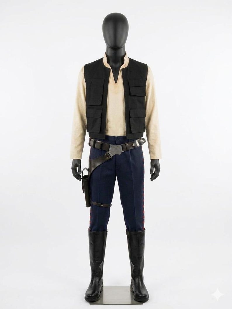 May include: A costume consisting of a black vest with multiple pockets, a cream-colored shirt, navy blue pants with red stripes, a belt with a holster, and black boots. The outfit is displayed on a mannequin.