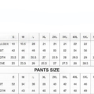 May include: A size chart for men's clothing, displaying measurements for shoulders, chest, length, and sleeve length, as well as waist and length for pants. Sizes range from S to 6XL.