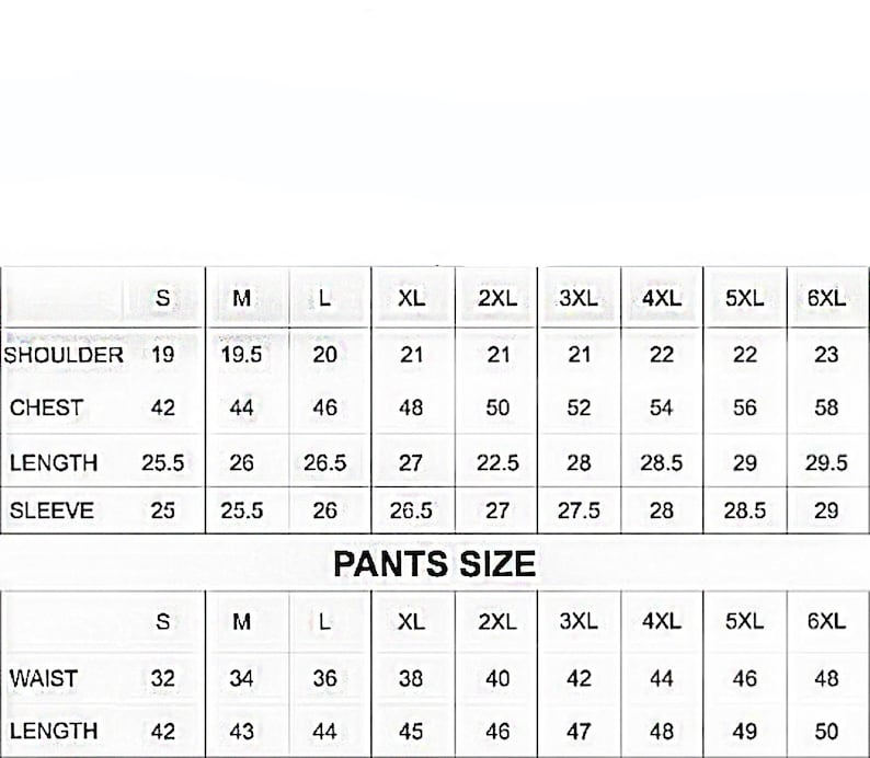 May include: A size chart for men's clothing, displaying measurements for shoulders, chest, length, and sleeve length, as well as waist and length for pants. Sizes range from S to 6XL.