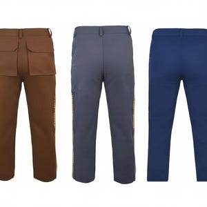 May include: Three pairs of pants in different colors: brown, gray, and blue. The brown pants have two large pockets on the back and a gold-colored stripe down the side. The gray pants have a gold stripe, and the blue pants are solid.