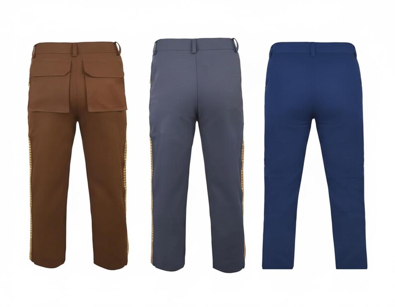 May include: Three pairs of pants in different colors: brown, gray, and blue. The brown pants have two large pockets on the back and a gold-colored stripe down the side. The gray pants have a gold stripe, and the blue pants are solid.