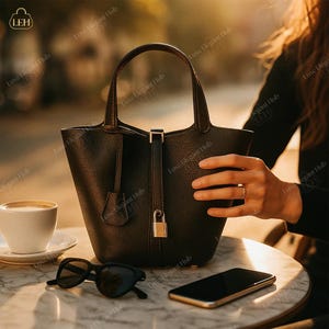 Mini Leather Bucket Bag, Genuine Leather Handbag for Women, Elegant Office Handbag, Minimalist Everyday Purse with Lock, Stylish Gift Idea.