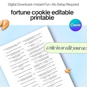 May include: A printable fortune cookie template with the text "fortune cookie editable printable." The design includes a Canva logo and the phrase "write in or edit your own." Two fortune cookies are also visible.
