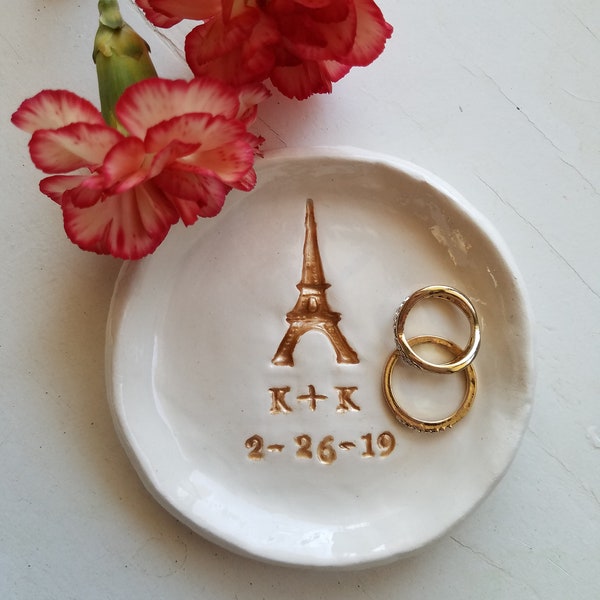 Personalized Dish Rose Gold/Engagement /Wedding Couples Gift/ Eiffel Tower/Keepsake/ Ceramic Ring Dish/ Handmade Gift Jewelry Storage