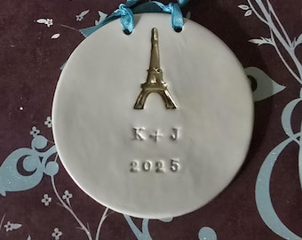 Personalized Ornament/Anniversary French Keepsake/Anniversary in Paris Design/Eiffel Tower Home Decor/ Wedding Gift/French Design Ornament