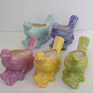 Puede incluir: Cinco macetas de cerámica con forma de pájaro en colores pastel: azul claro, morado, amarillo, verde y lavanda. Cada maceta con forma de pájaro tiene un área ahuecada para plantas y está posada en una rama decorativa.