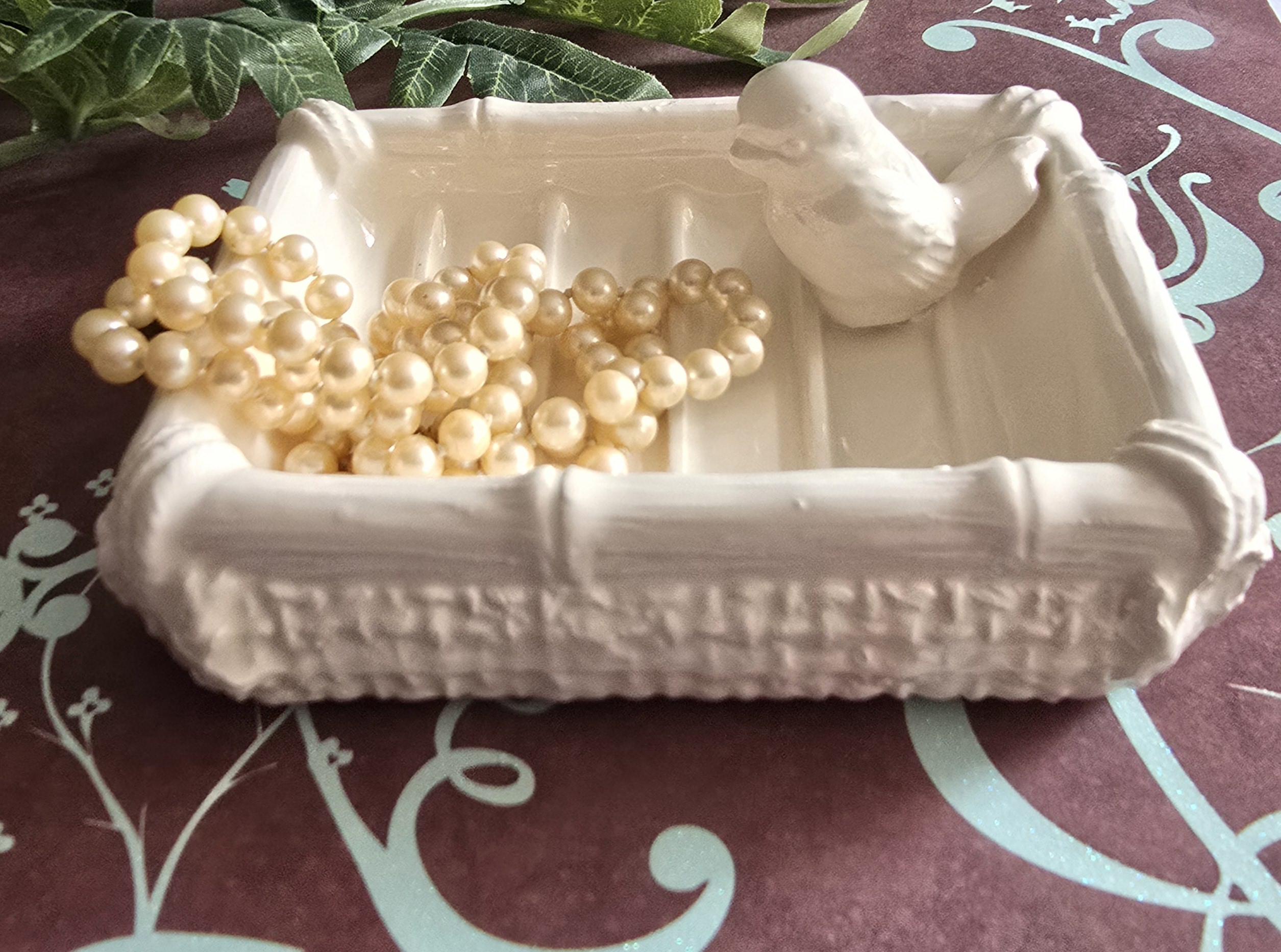 White Soap Dish/Bamboo Design With Bird/Mother's Day Gift Exact One in Stock Ready to Ship/Vintage Design/Kitchen Dish/Bathroom Dish