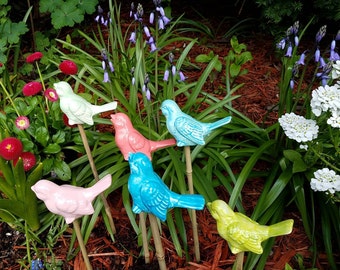 Bird Garden Art/Birds Mother's Day Gift/Vintage Bird Design/Ceramic Figurine on Bamboo Post Birthday Gift/Price is For One/