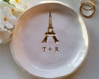 Personalized Gift Engagement French Gift Eiffel TowerJewelry Storage Gold Letters Keepsake Brides made Gift French Ceramic Dish Wedding Gift