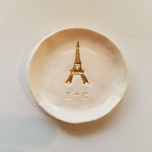 Eiffel Tower Personalized/Keepsake Dish/Small Round Engagement/French Design/Ceramic Gold Eiffel Tower/Ring Dish Wedding Gift Trinket Holder