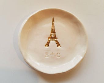 Eiffel Tower Personalized/Keepsake Dish/Small Engagement French Ceramic Gold Eiffel Tower/Add Date/Ring Dish Wedding Gift Trinket Holder/