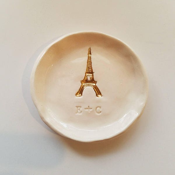 Eiffel Tower Personalized Keepsake Dish Round Small Engagement French Ceramic Gold Eiffel Tower Small Ring Dish Wedding Gift Trinket Holder