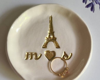 French Personalized Dish Gold/Engagement/Wedding Couples Gift/ Eiffel Tower/Keepsake/ Ceramic Ring Dish/ Handmade Gift Jewelry Storage