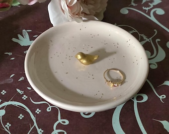 Ring Dish Round With Gold Tiny Bird/Jewelry Storage/Gold Bird Dish/Birthday Gift/ Brides made Gift/Wedding Dish/Lightly Speckled