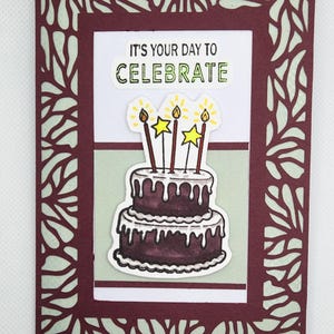 Handmade Birthday Card with Cake | Layered Burgundy & Sage Design | Personalized Inside Message | Cricut Card for Her or Friend