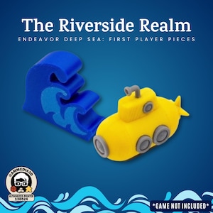 May include: A yellow submarine and a blue wave, game pieces for "The Riverside Realm". The submarine has gray wheels and a periscope. The wave is a stylized representation of ocean waves. The text reads "The Riverside Realm".