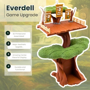 May include: A detailed game upgrade for Everdell, designed as a tree with a wooden platform and signs for Spring, Summer, and Autumn. The image includes text stating "3D Printed and Assembled!" and "Durable and Functional!"