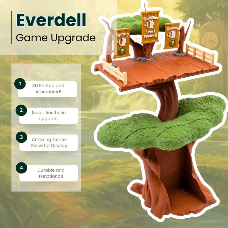 May include: A detailed game upgrade for Everdell, designed as a tree with a wooden platform and signs for Spring, Summer, and Autumn. The image includes text stating "3D Printed and Assembled!" and "Durable and Functional!"